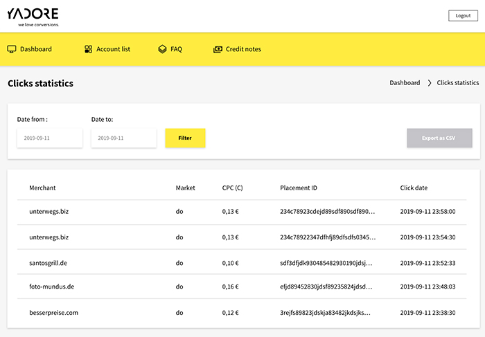 Click statistic in Yadore Backend